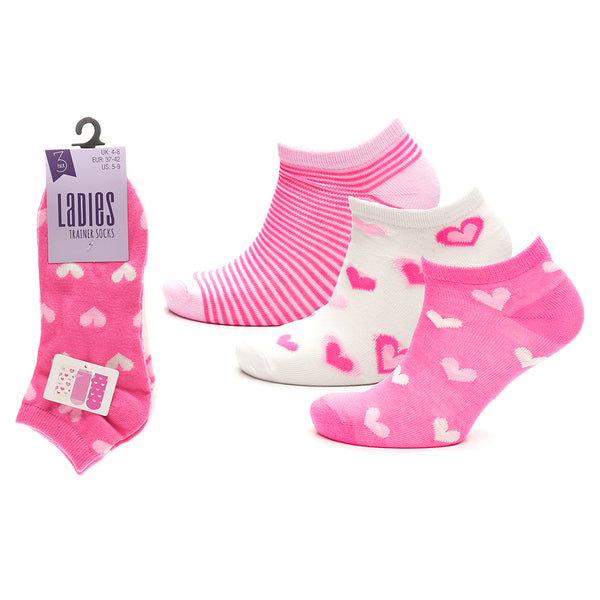 Ladies Heart Pattern Trainer Socks – 3 Pack