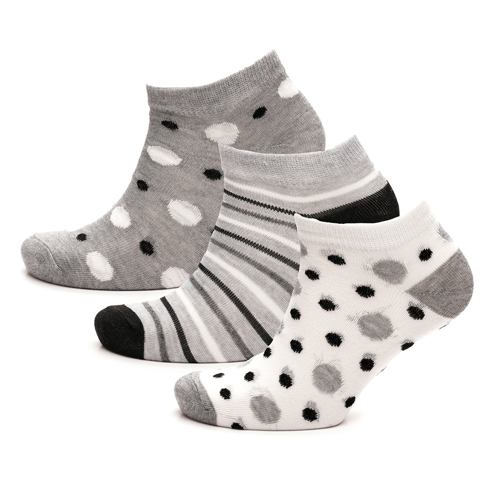 Ladies stripe and polka dot trainer socks 3 pack low cut ankle socks