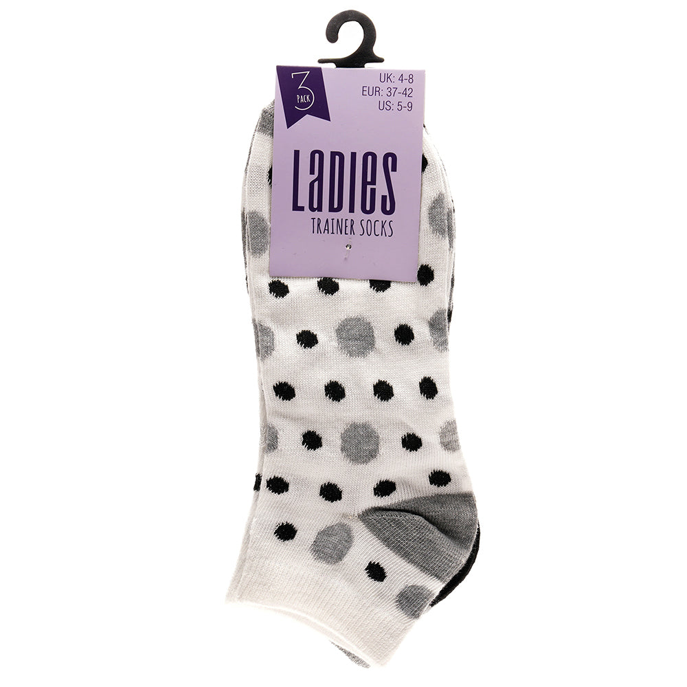 Ladies stripe and polka dot trainer socks 3 pack low cut ankle socks
