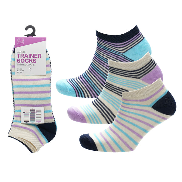Ladies Multi Striped Trainer Socks – 3 Pack