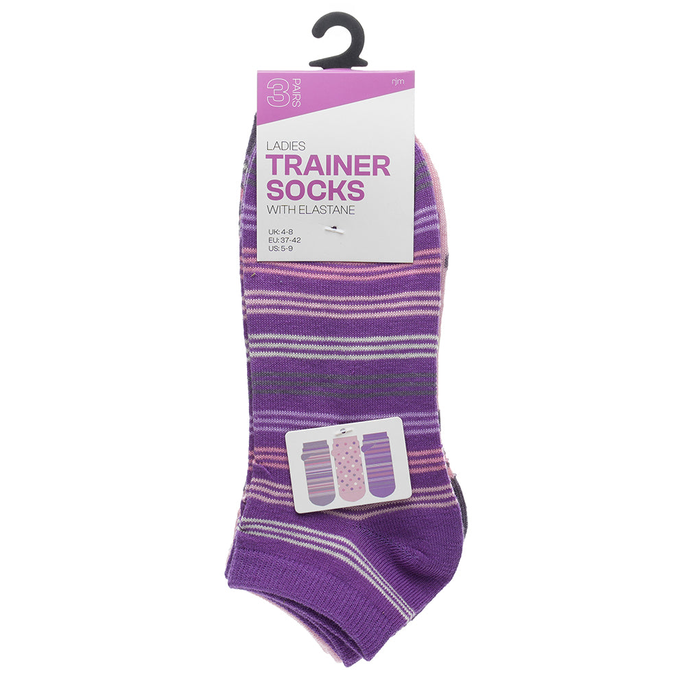Ladies stripe and polka dot trainer socks 3 pack low cut ankle socks