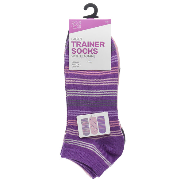 Ladies Purple Stripe & Polka Dot Trainer Socks – 3 Pack