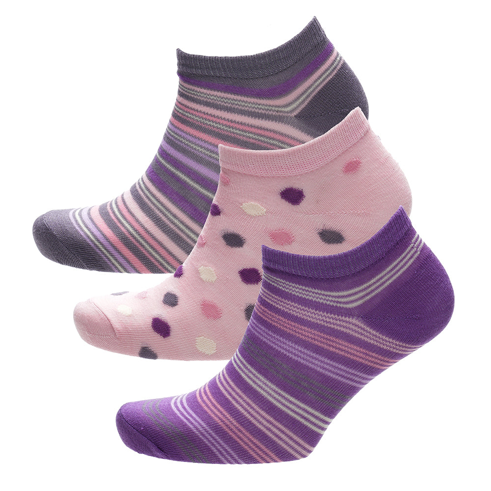 Ladies stripe and polka dot trainer socks 3 pack low cut ankle socks