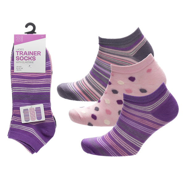 Ladies Purple Stripe & Polka Dot Trainer Socks – 3 Pack