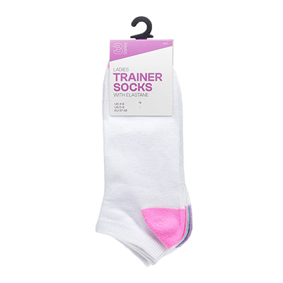 Ladies ankle trainer socks 3 pack white with soft pastel accents