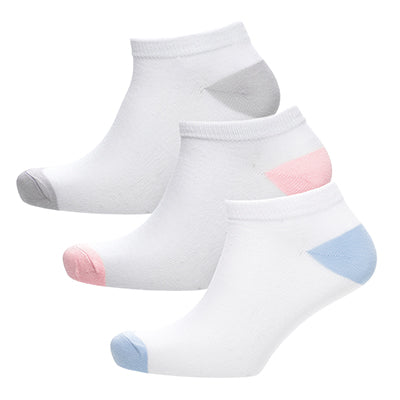 Ladies ankle trainer socks 3 pack white with soft pastel accents