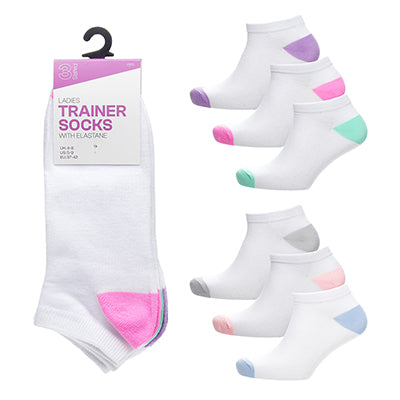 Ladies 3 Pack White / Pastel Trainer Socks