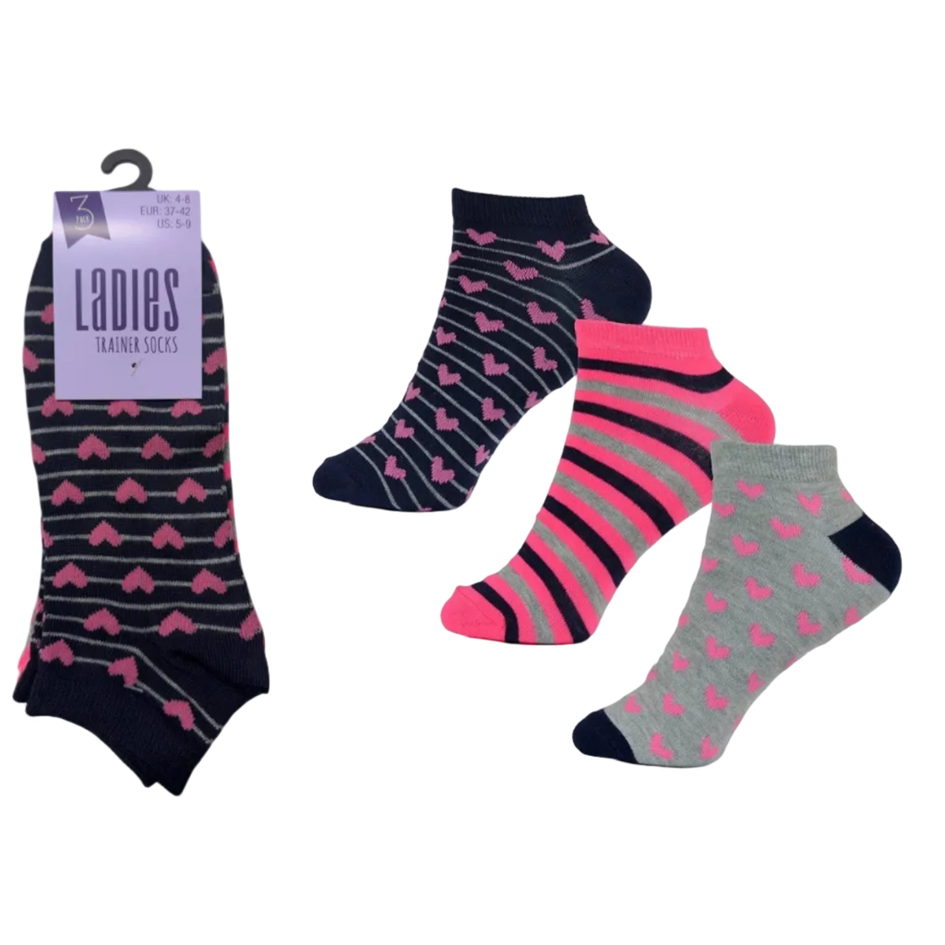 Ladies heart and stripe trainer socks 3 pack low cut ankle socks