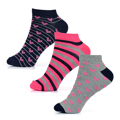 Ladies Black Heart & Stripe Trainer Socks – 3 Pack