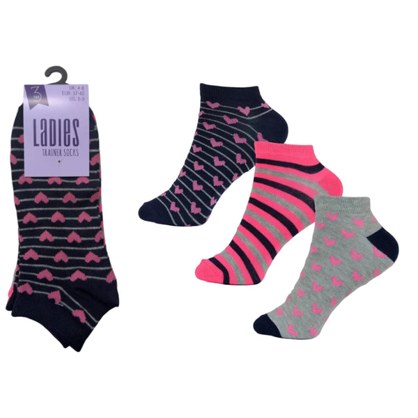 Ladies Black Heart & Stripe Trainer Socks – 3 Pack