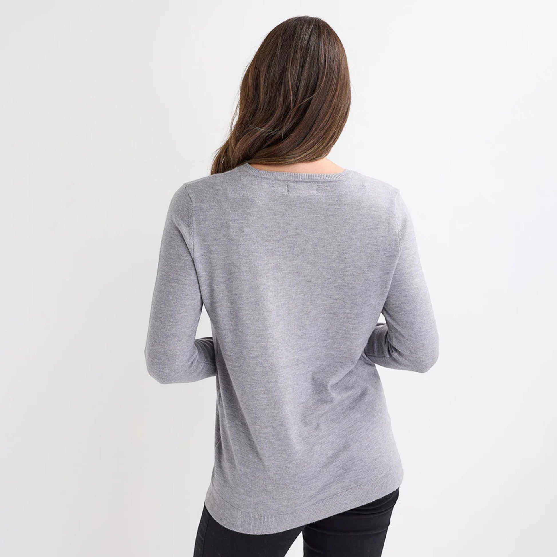 Ladies grey Christmas jumper featuring multiple green sequin Christmas tree motifs, long sleeves and festive xmas design.