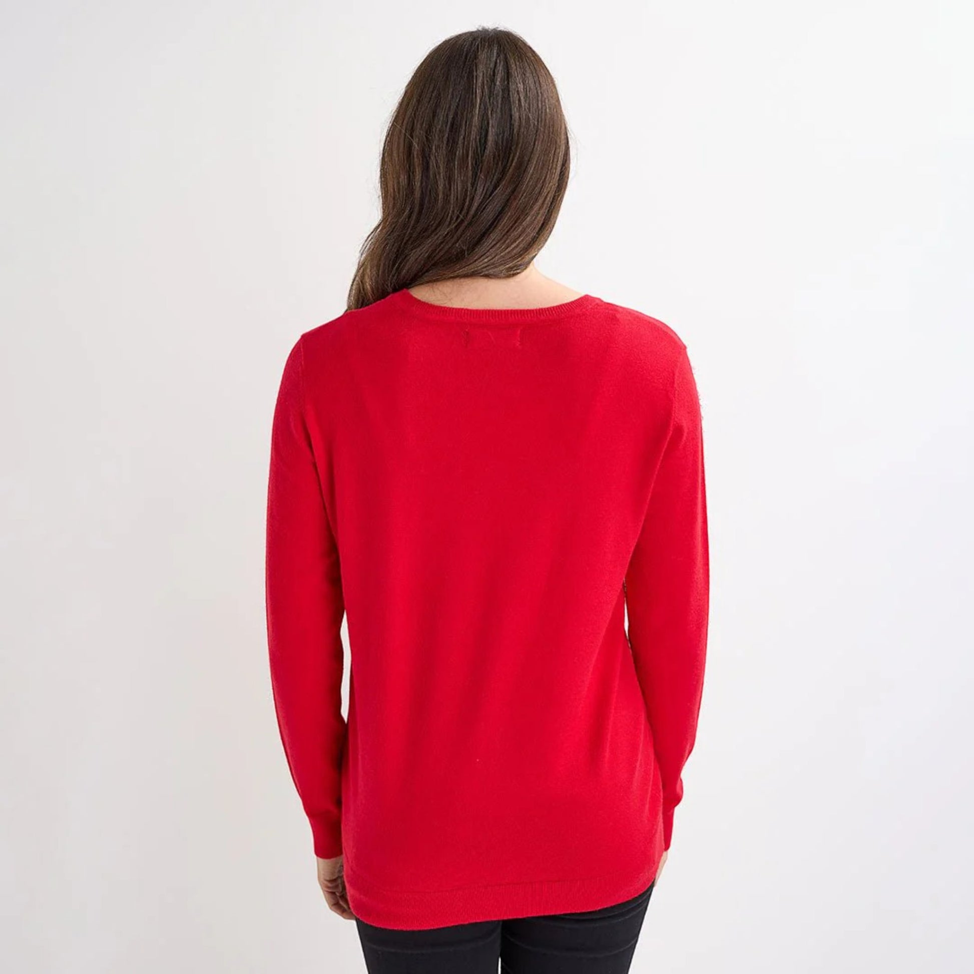 Ladies red Christmas jumper featuring multiple green sequin Christmas tree motifs, long sleeves and festive xmas design.