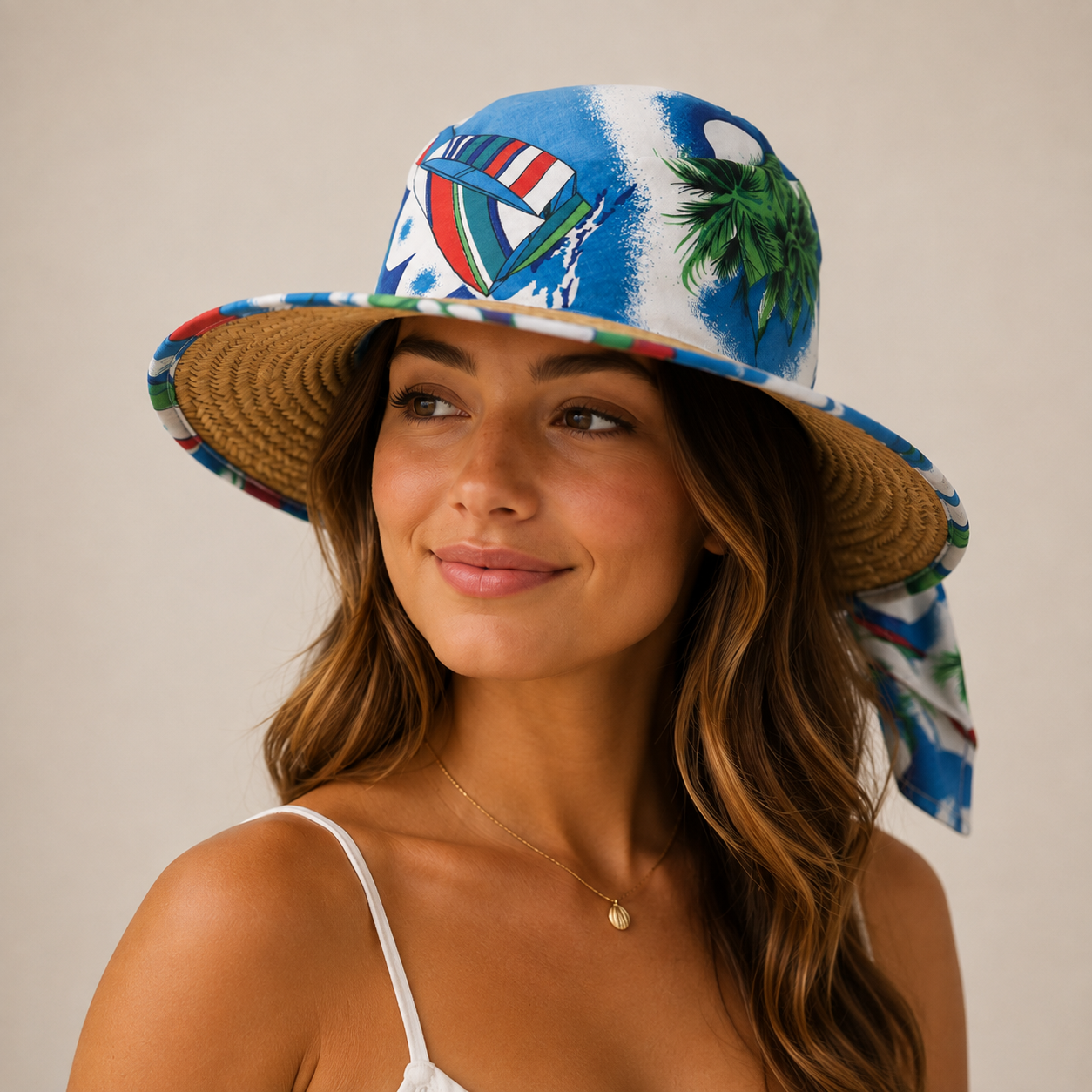 Women's tropical print wide brim sun hat featuring a blue beach-inspired design with a woven brim, perfect for summer holidays.