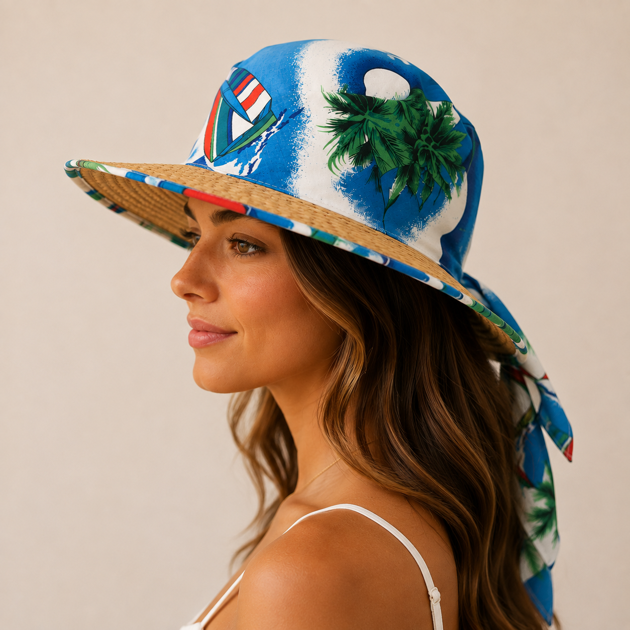 Women's tropical print wide brim sun hat featuring a blue beach-inspired design with a woven brim, perfect for summer holidays.