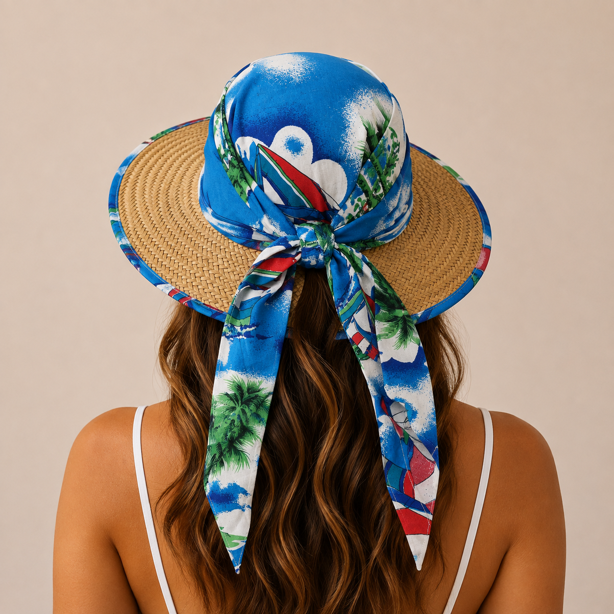 Women's tropical print wide brim sun hat featuring a blue beach-inspired design with a woven brim, perfect for summer holidays.