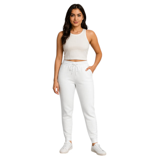 Women’s white high-waisted joggers with drawstring waist and cuffed ankles – soft loungewear 