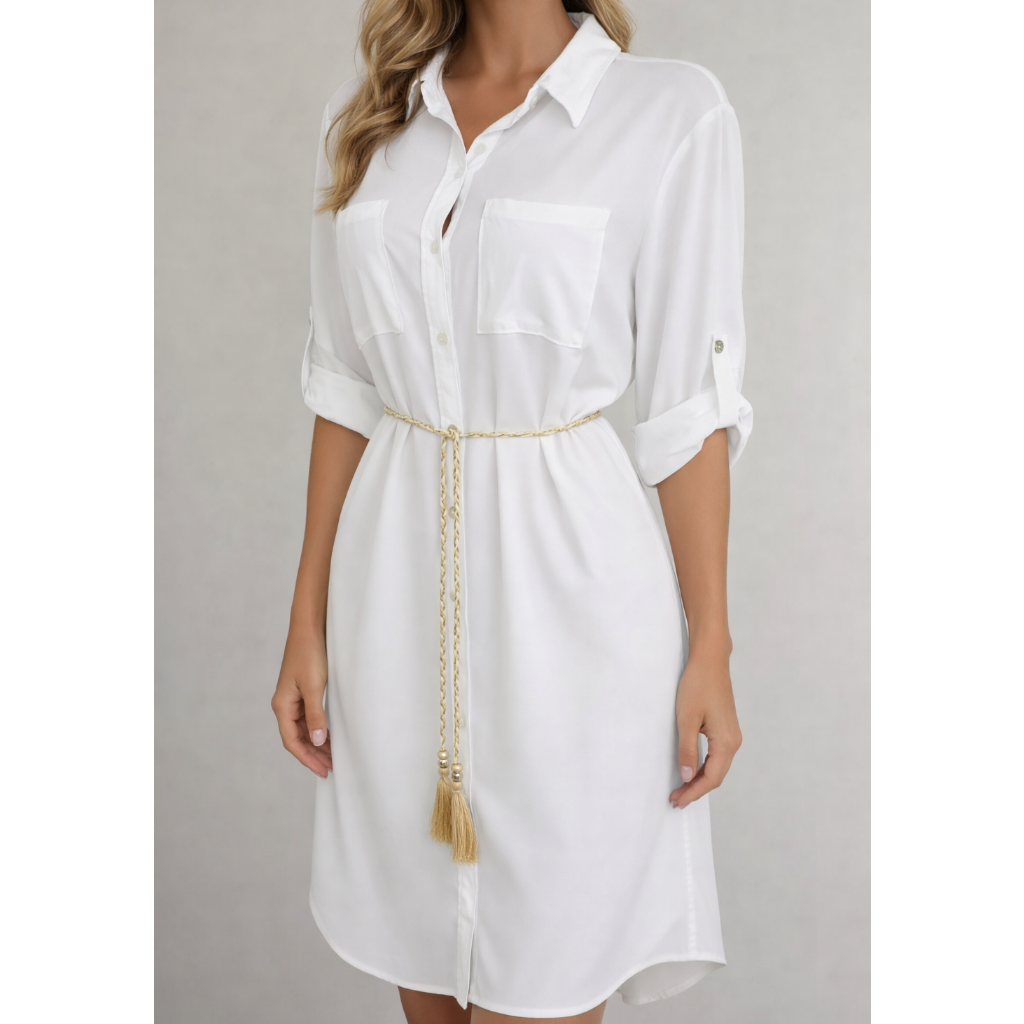 White shirt dress with belt, women's summer button-down mini dress with rolled sleeves
