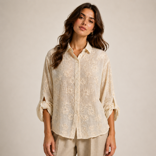 Ladies Willow Floral Embroidered Blouse featuring delicate floral embroidery, a relaxed fit, button-front fastening, and roll-tab sleeves. Perfect for casual and smart-casual styling.