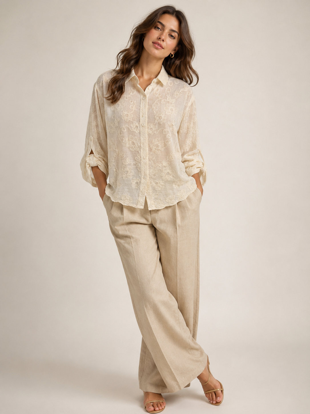 Ladies Willow Floral Embroidered Blouse featuring delicate floral embroidery, a relaxed fit, button-front fastening, and roll-tab sleeves. Perfect for casual and smart-casual styling.