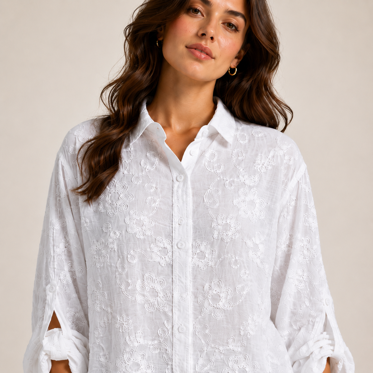 Ladies Willow Floral Embroidered Blouse featuring delicate floral embroidery, a relaxed fit, button-front fastening, and roll-tab sleeves. Perfect for casual and smart-casual styling.