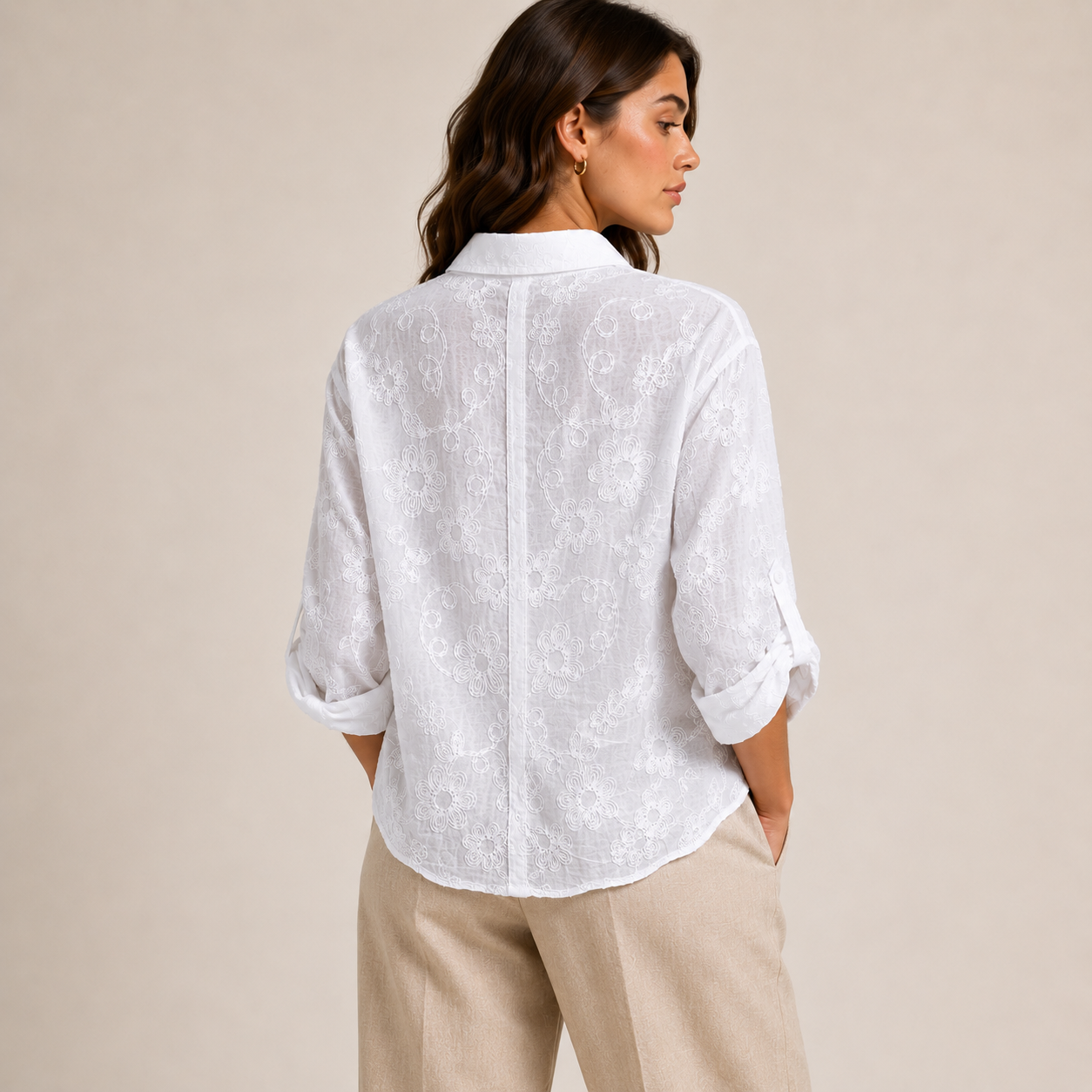 Ladies Willow Floral Embroidered Blouse featuring delicate floral embroidery, a relaxed fit, button-front fastening, and roll-tab sleeves. Perfect for casual and smart-casual styling.