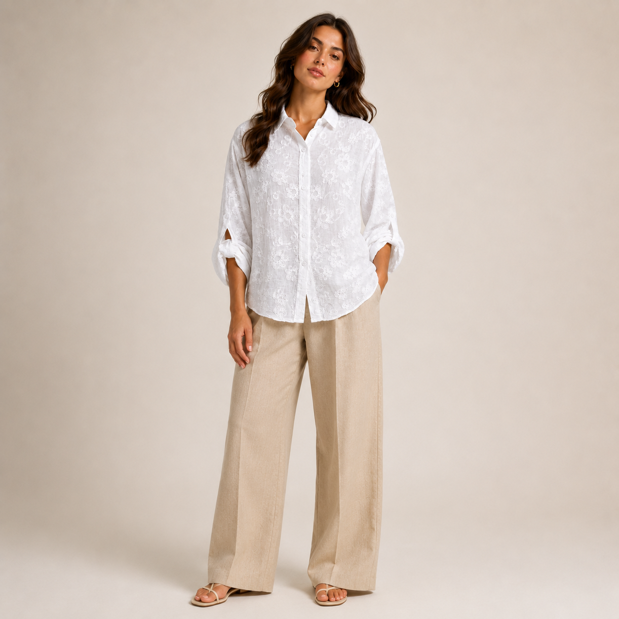 Ladies Willow Floral Embroidered Blouse featuring delicate floral embroidery, a relaxed fit, button-front fastening, and roll-tab sleeves. Perfect for casual and smart-casual styling.
