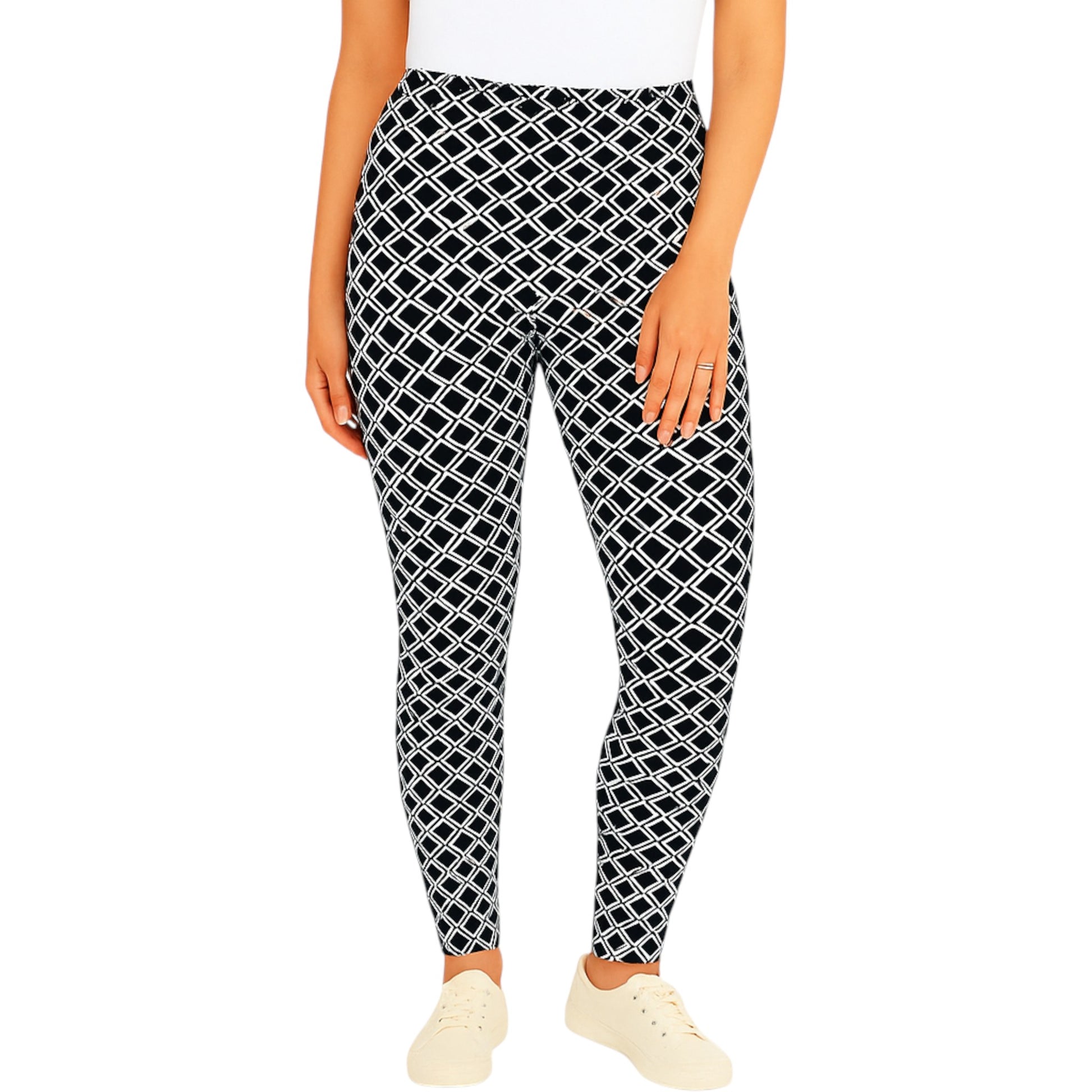 Women's black and white geometric diamond print leggings, high-waisted, full-length