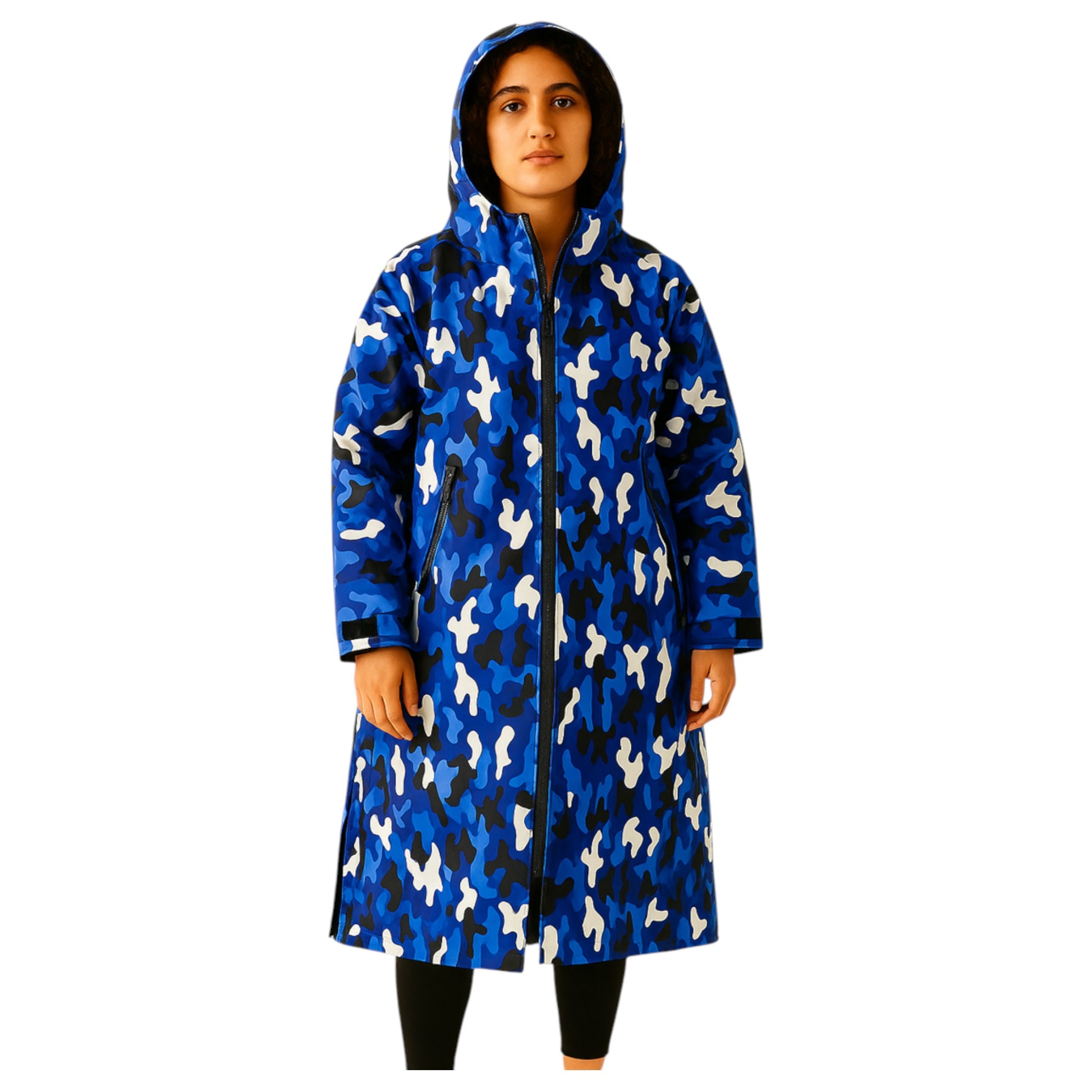 Adult blue camouflage waterproof changing robe with hood, front zip, and long sleeves