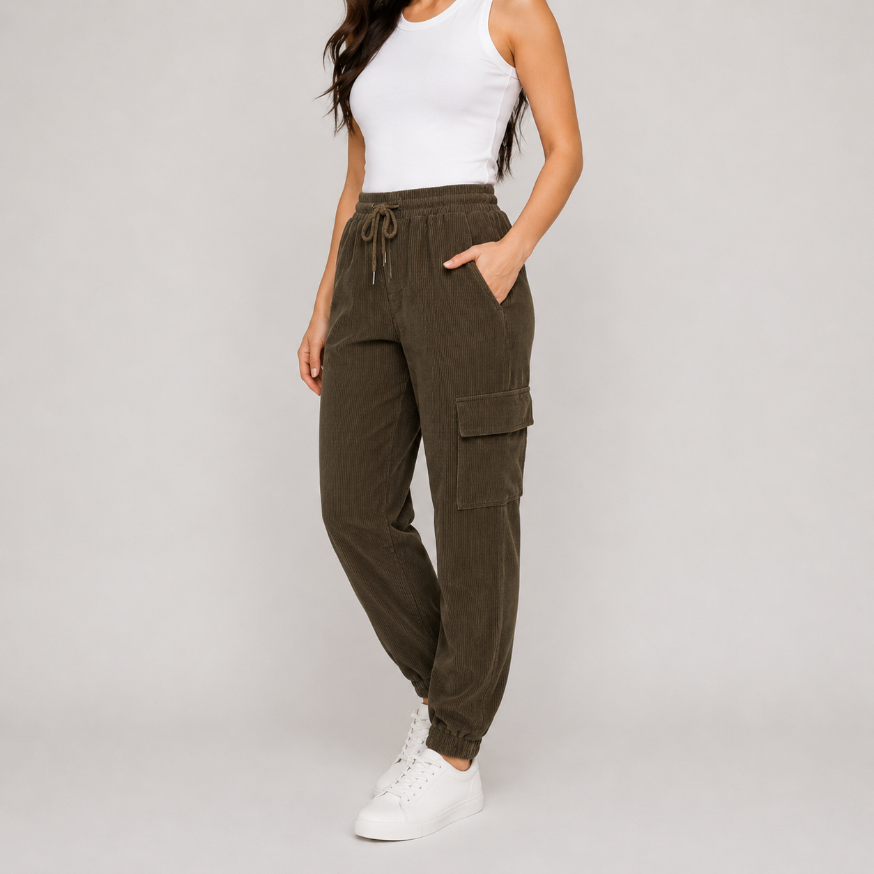 Ladies brown cord cargo joggers with pockets – casual relaxed fit 