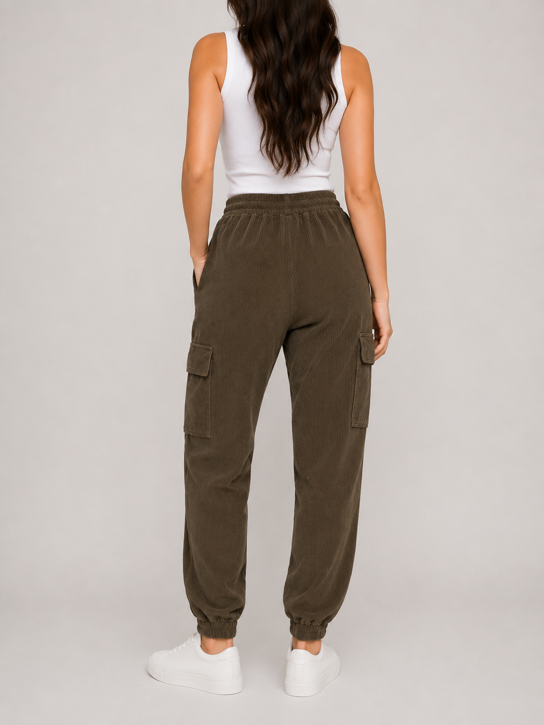 Ladies brown cord cargo joggers with pockets – casual relaxed fit 