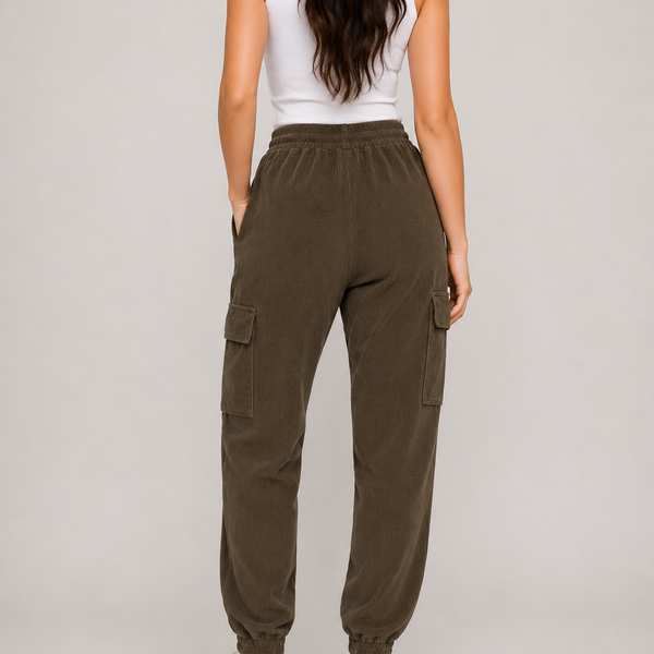 Ladies Cord Ribbed Cargo Joggers (Brown)