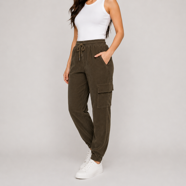 Ladies Cord Ribbed Cargo Joggers (Brown)