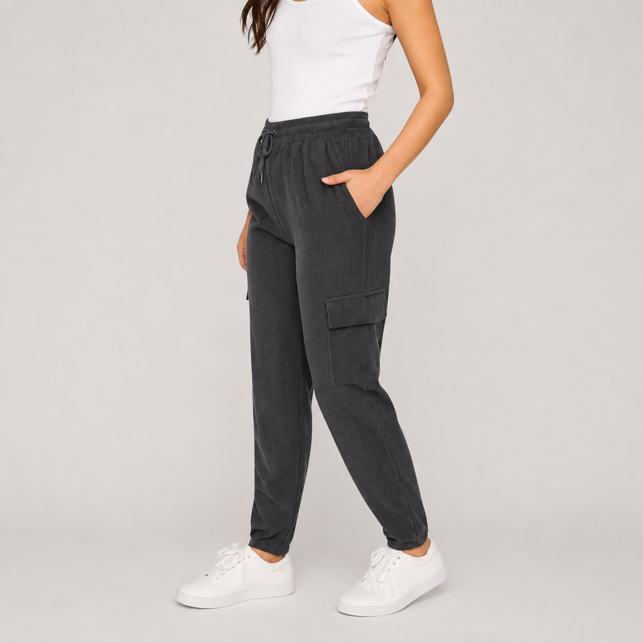 Ladies grey cord cargo joggers with pockets – casual relaxed fit 