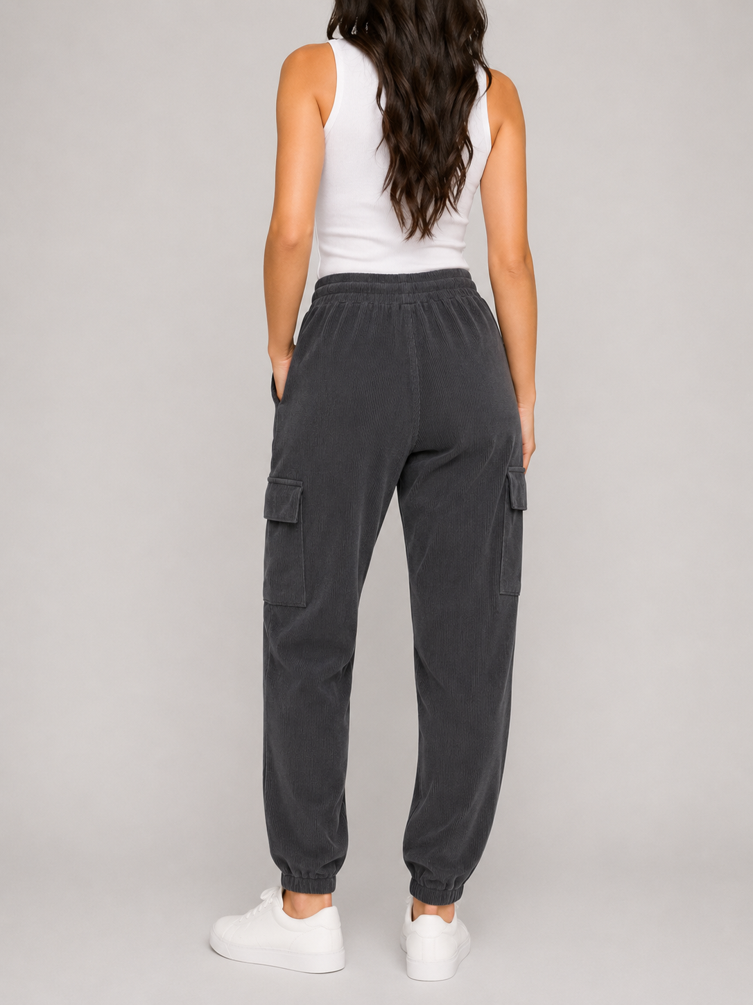 Ladies grey cord cargo joggers with pockets – casual relaxed fit 