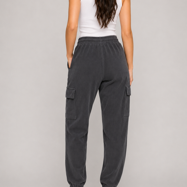 Ladies Cord Ribbed Cargo Joggers (Grey)