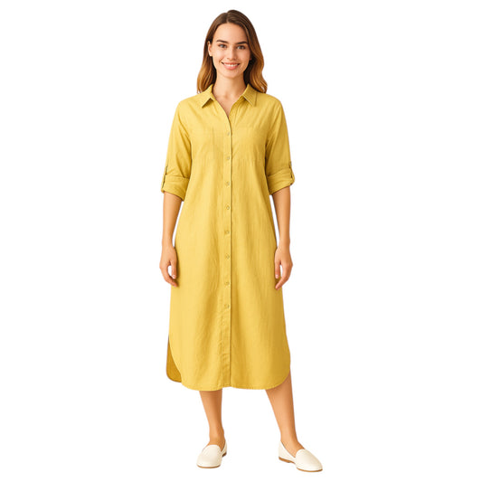 Women's mustard yellow long shirt dress with button front, rolled sleeves, and collared neckline – casual midi dress for everyday wear.