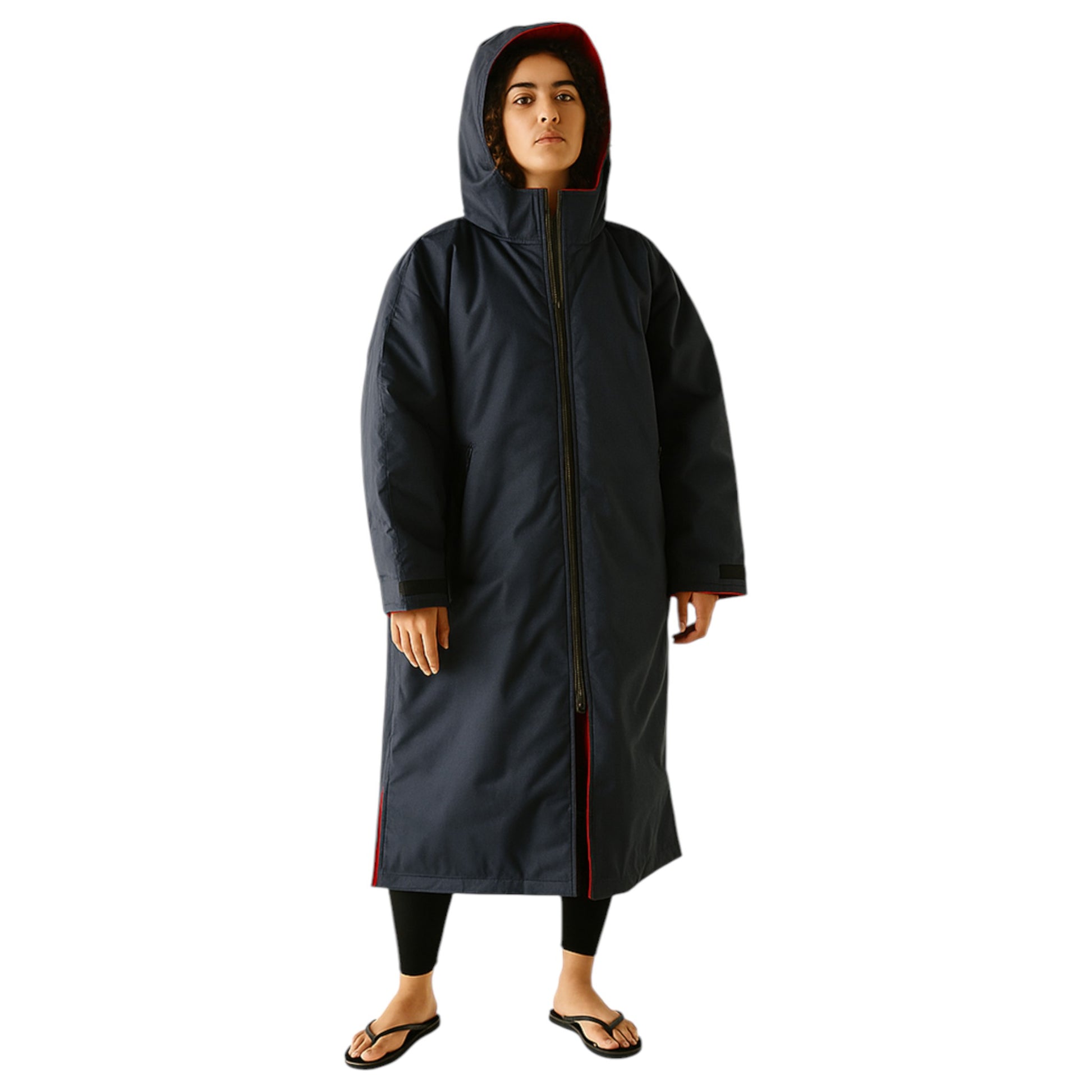 Adult navy waterproof changing robe with hood, front zip, and long sleeves