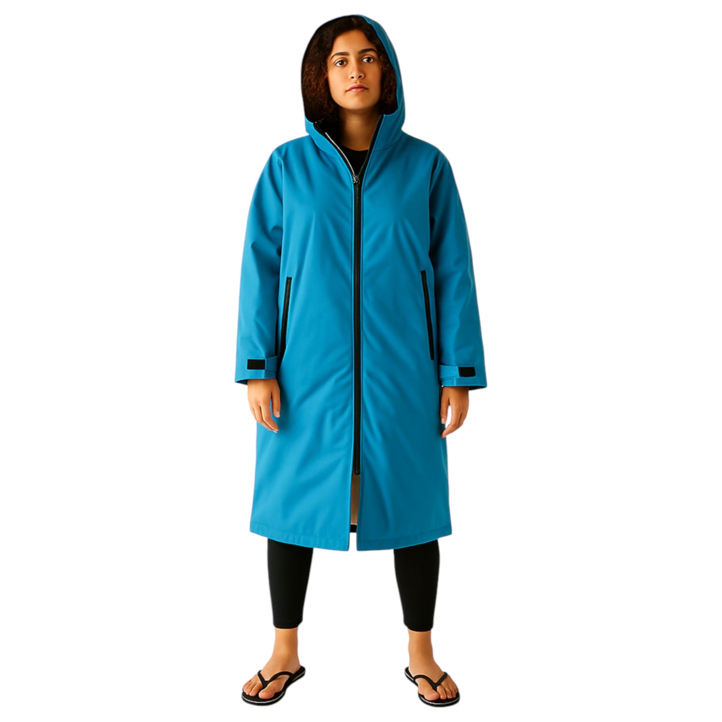Adult blue turquoise waterproof changing robe with hood, front zip, and long sleeves