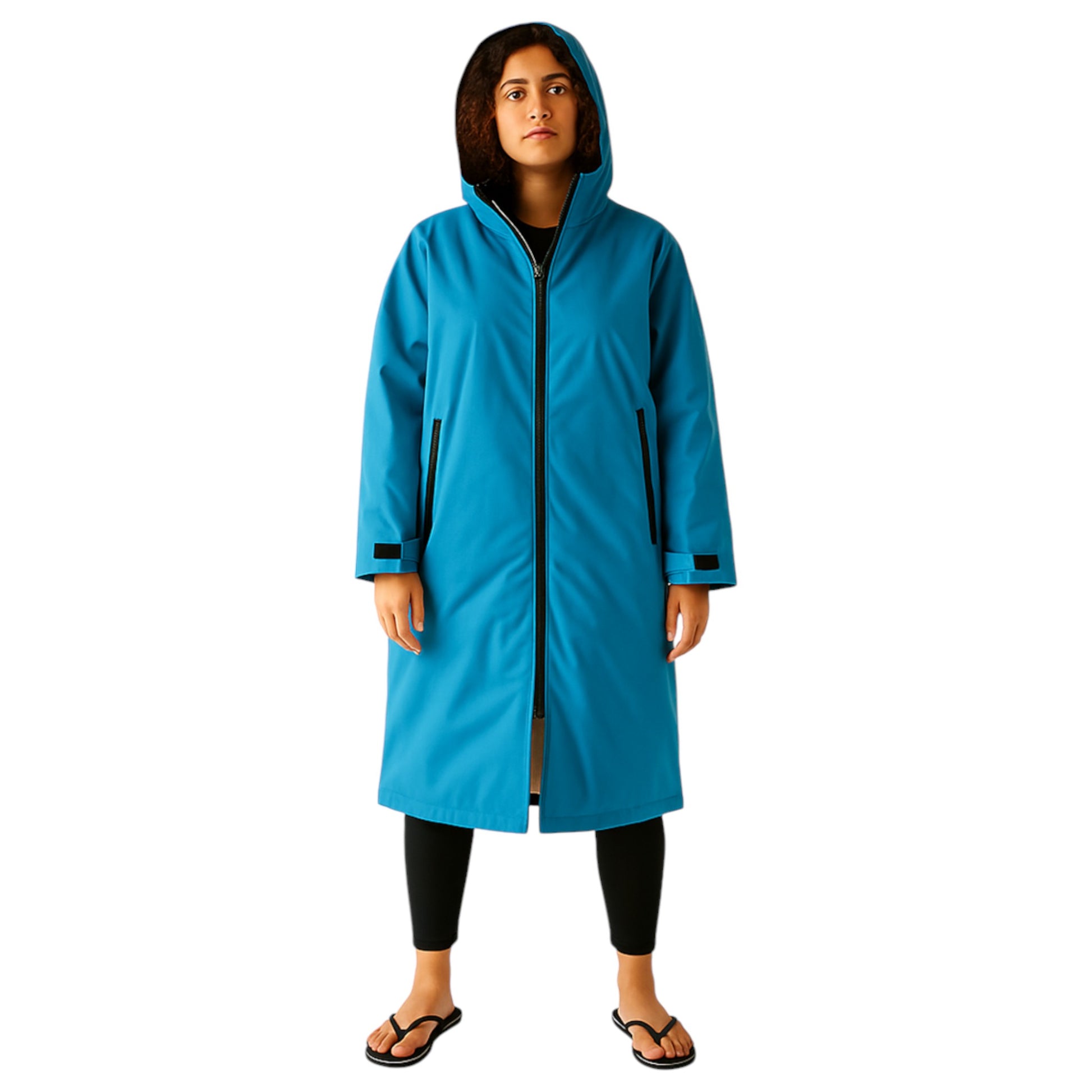 Adult blue turquoise waterproof changing robe with hood, front zip, and long sleeves