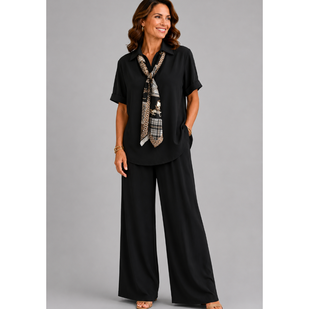 A smiling woman models a relaxed-fit Italian two-piece co-ord set on a light grey studio background. The outfit features a collared short-sleeve top with a detachable patterned scarf and matching wide-leg trousers. Shown in multiple colourways including black, cornflower blue, powder blue, sage green, blush pink and lemon yellow, the set offers an elegant, comfortable silhouette ideal for everyday wear and special occasions.
