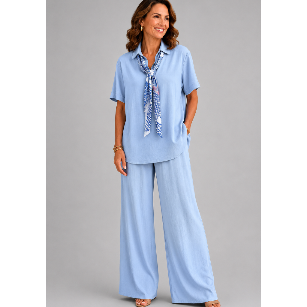 A smiling woman models a relaxed-fit Italian two-piece co-ord set on a light grey studio background. The outfit features a collared short-sleeve top with a detachable patterned scarf and matching wide-leg trousers. Shown in multiple colourways including black, cornflower blue, powder blue, sage green, blush pink and lemon yellow, the set offers an elegant, comfortable silhouette ideal for everyday wear and special occasions.