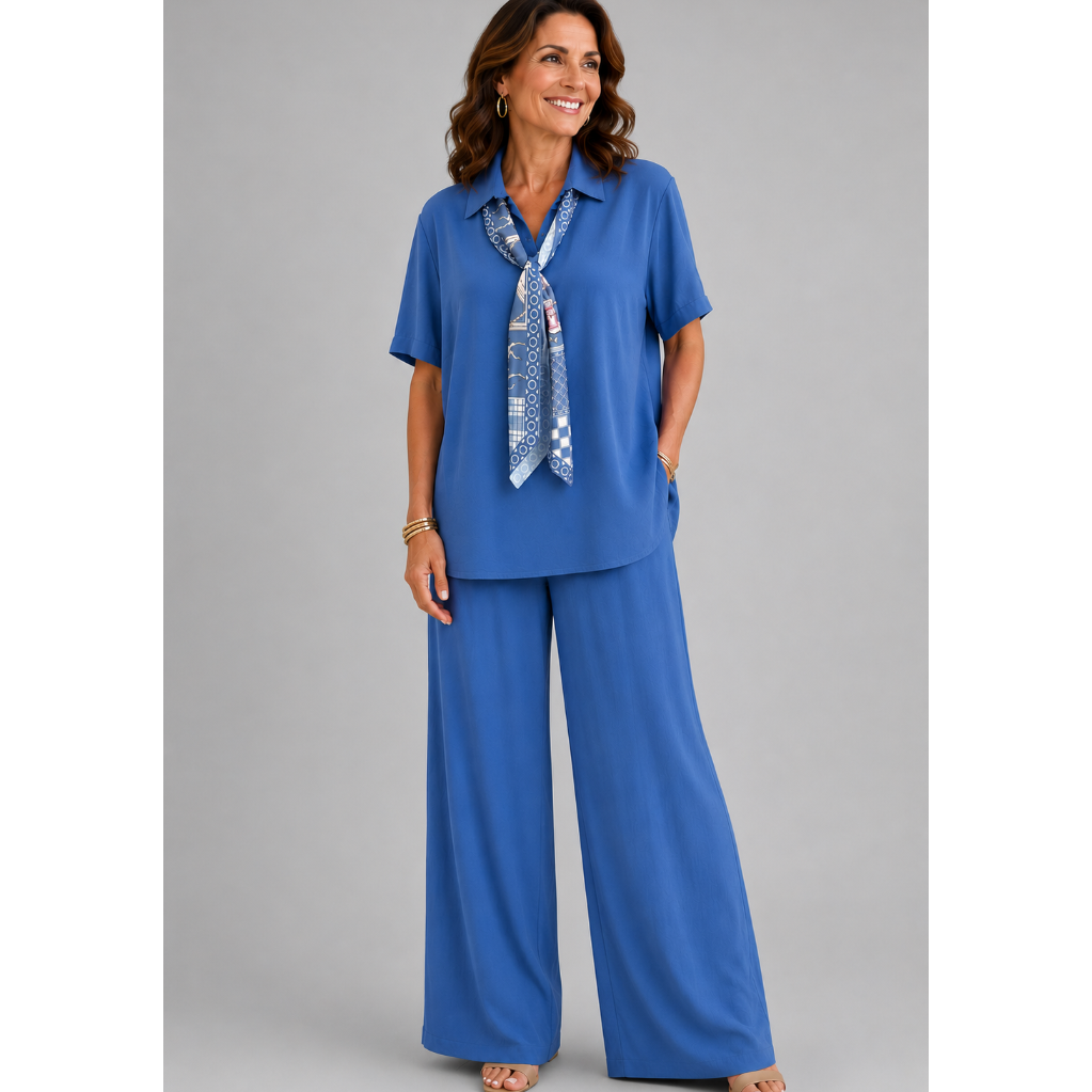 A smiling woman models a relaxed-fit Italian two-piece co-ord set on a light grey studio background. The outfit features a collared short-sleeve top with a detachable patterned scarf and matching wide-leg trousers. Shown in multiple colourways including black, cornflower blue, powder blue, sage green, blush pink and lemon yellow, the set offers an elegant, comfortable silhouette ideal for everyday wear and special occasions.