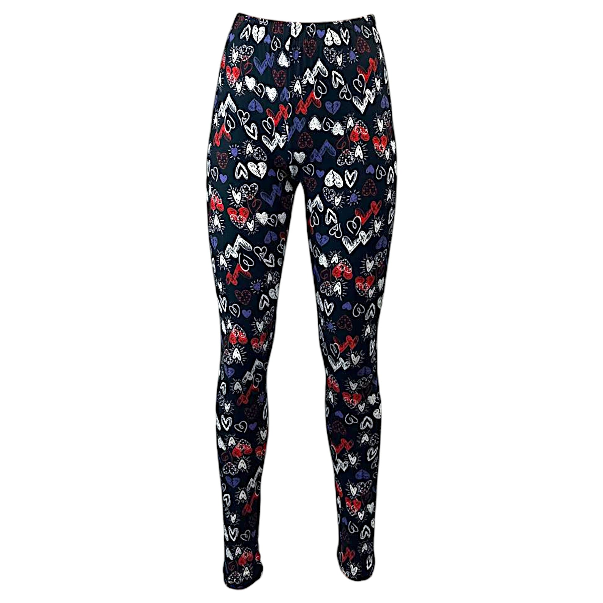 Women's full-length leggings in black with a colorful heart pattern, featuring red, blue, and white heart designs, elastic waistband, and soft stretch fabric. Perfect for casual wear or layering.