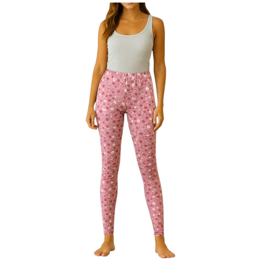 Girls pink floral print leggings – stretchy full-length pants with white flower pattern, comfortable everyday wear.