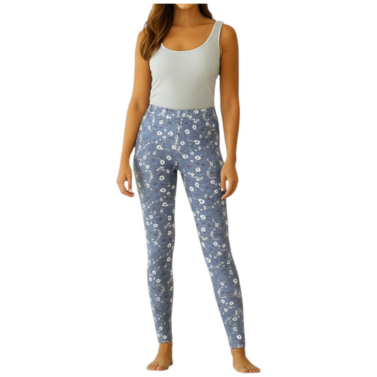 Girls duck egg blue floral print leggings – soft full-length pants with white flower design, casual and comfortable fit.