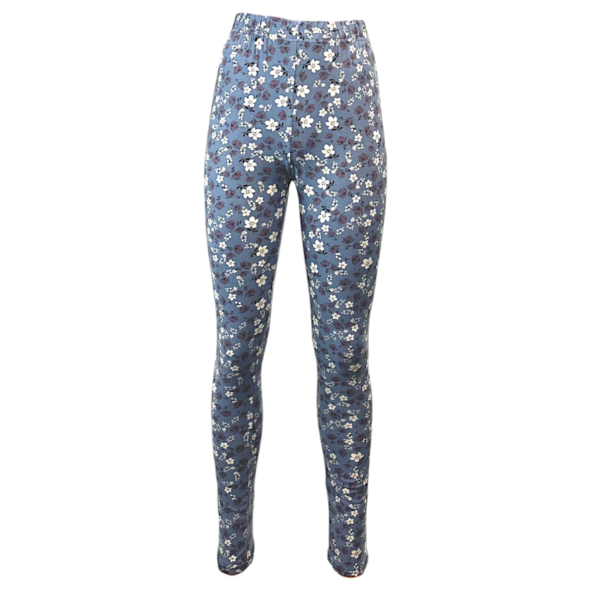 Girls duck egg blue floral print leggings – soft full-length pants with white flower design, casual and comfortable fit.