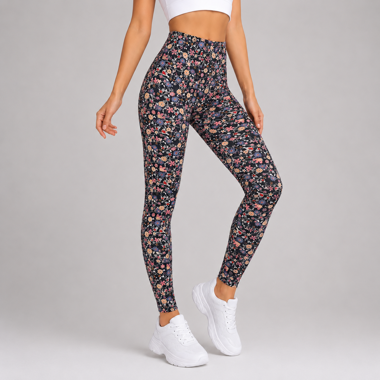 Women's full-length navy leggings with a colourful floral print pattern, soft stretch fabric, and high-waisted design for casual and active wear.