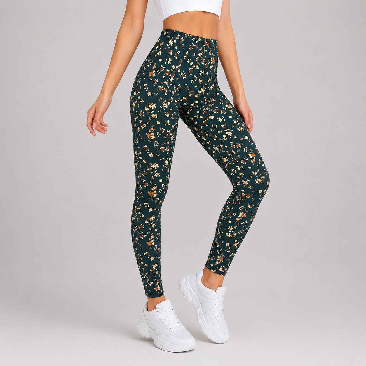 Women's full-length women's leggings in dark green with beige floral print, soft stretchy fabric, ideal for casual wear, yoga, and everyday outfits.