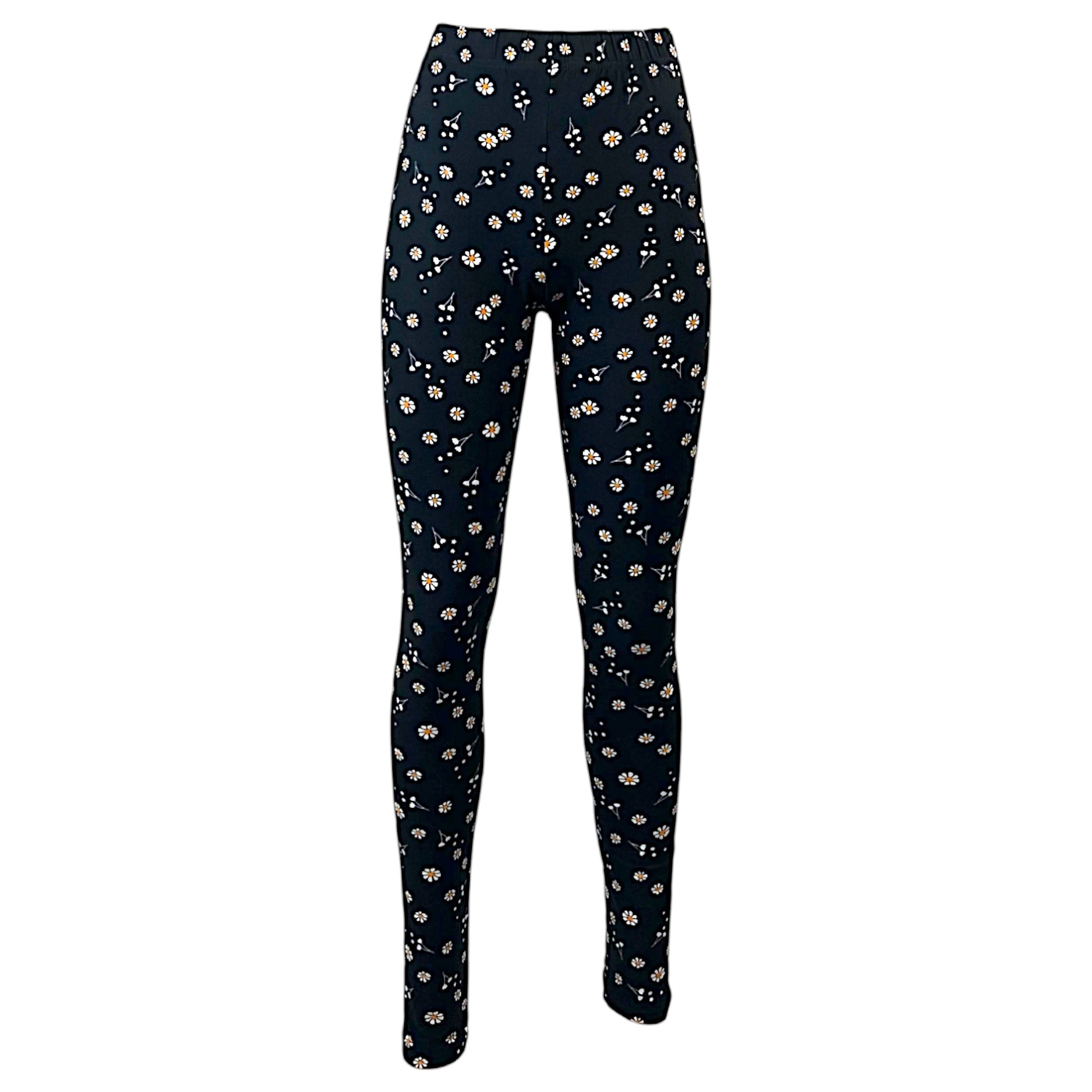 Women's black leggings with white daisy flower print – soft, stretchy floral print leggings for casual wear, yoga, and loungewear.