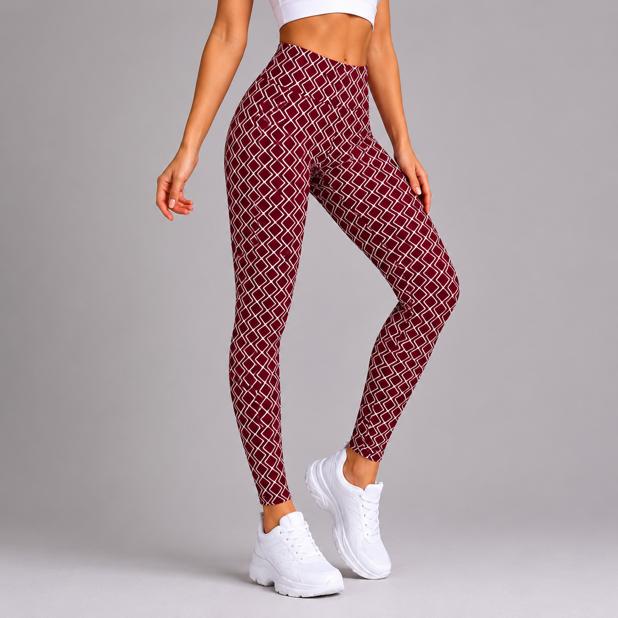 Ladies Geometric Print Leggings in Burgundy